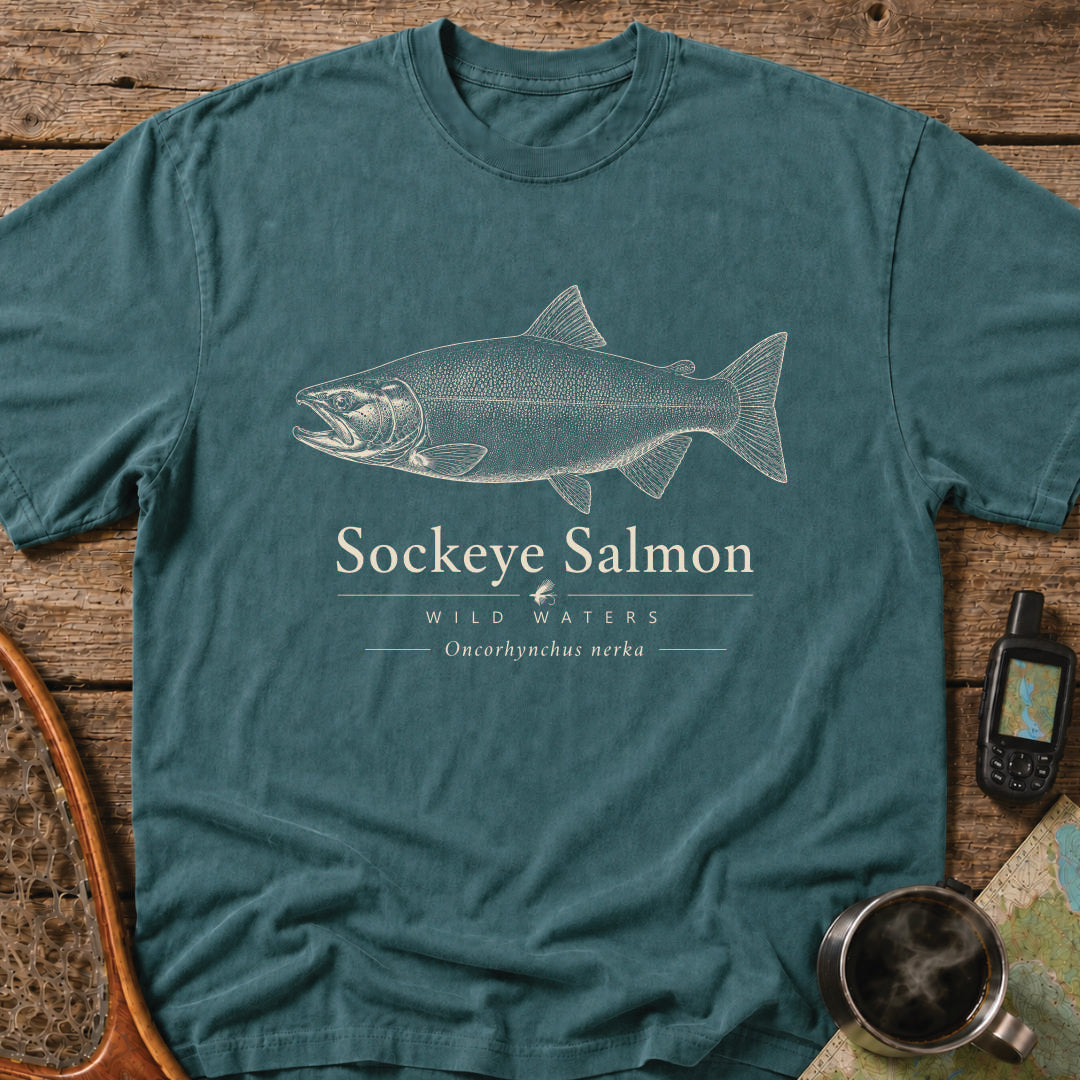Sockeye Salmon Wild Waters t-shirt featuring a detailed scientific illustration of Oncorhynchus nerka.