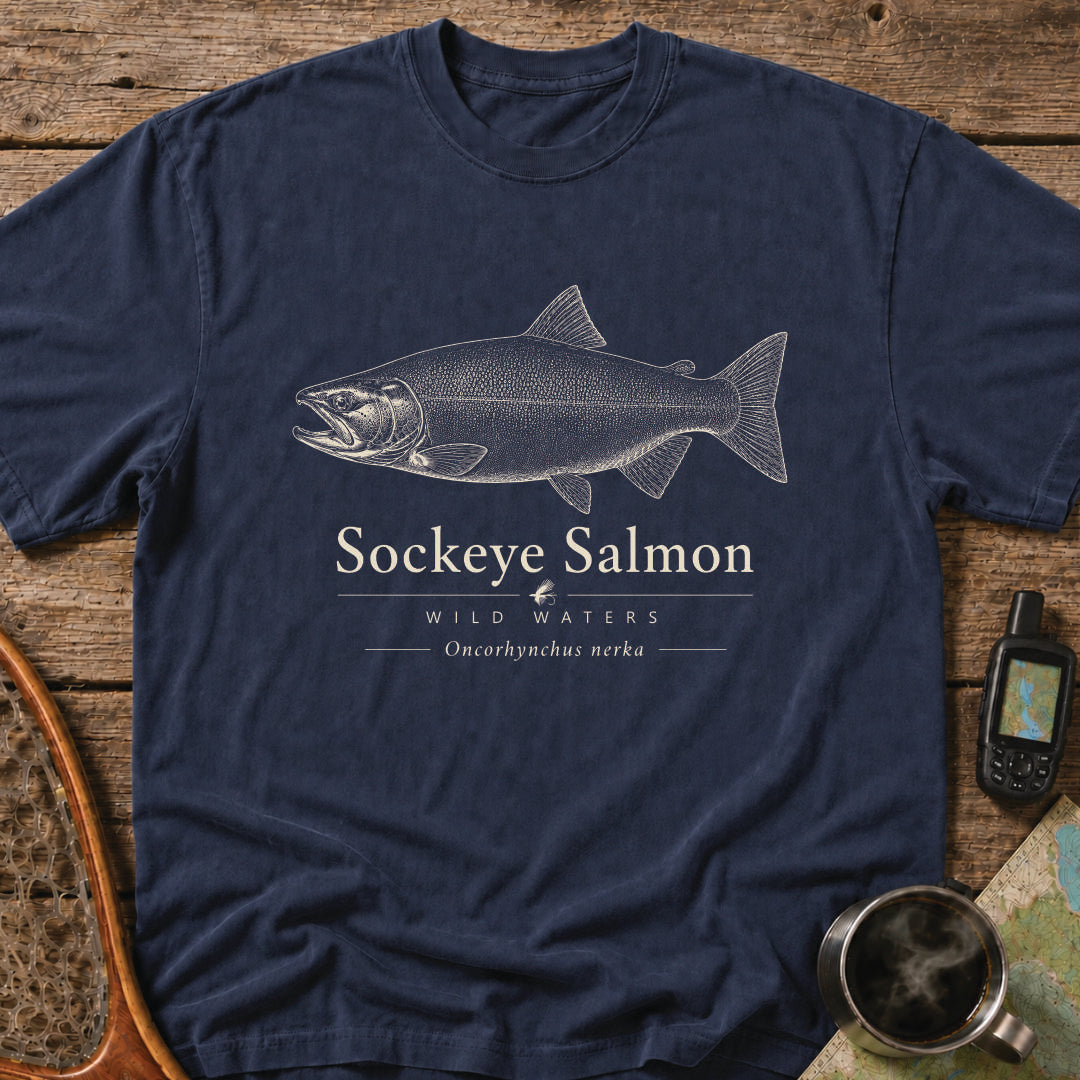 Sockeye Salmon Wild Waters t-shirt featuring a detailed scientific illustration of Oncorhynchus nerka.