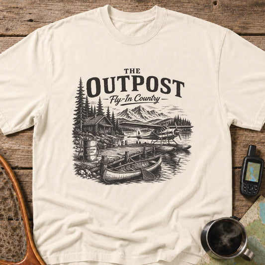 The Outpost Fly-In Country t-shirt featuring a floatplane docked beside a remote fishing lodge and canoe.