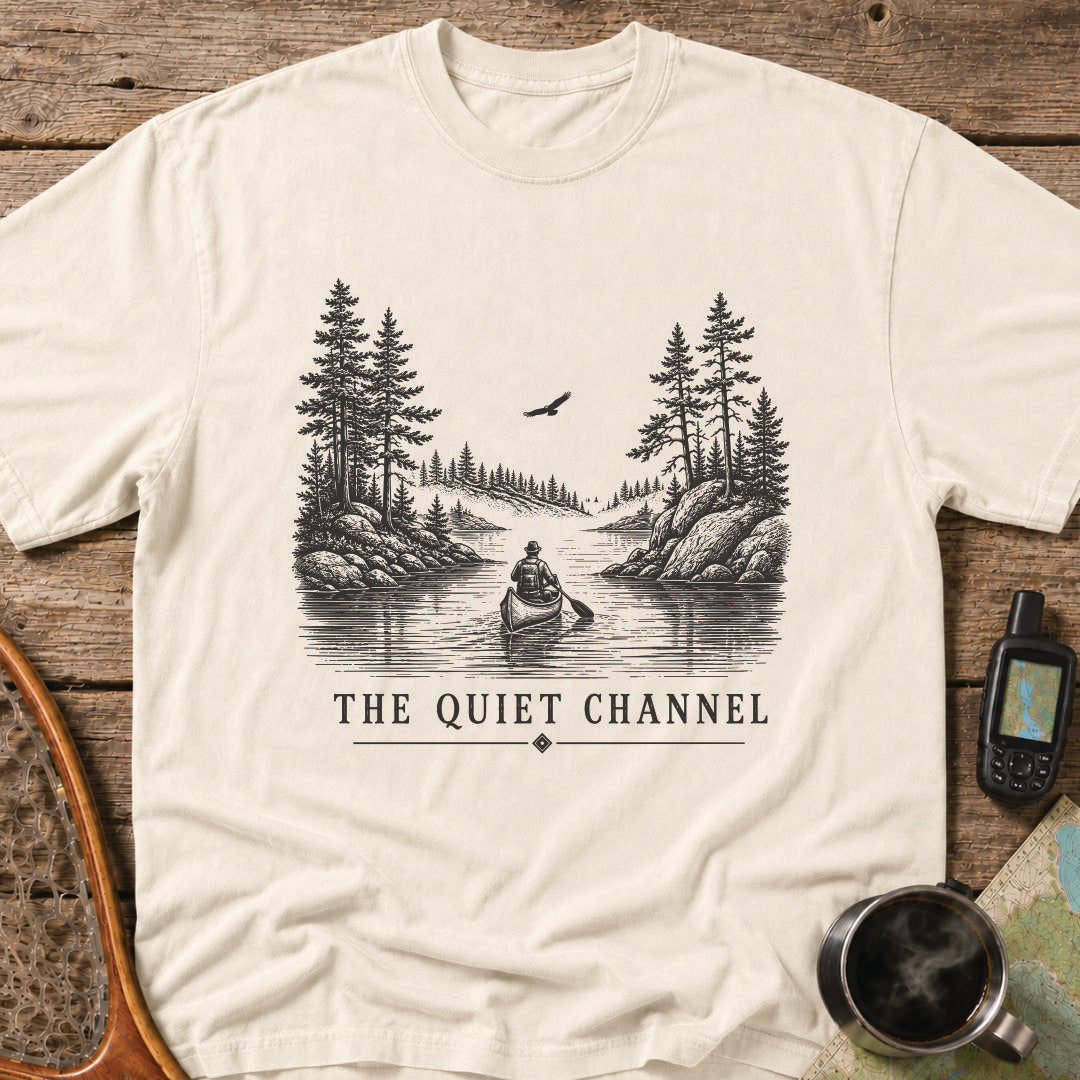 The Quiet Channel vintage canoe T-shirt with paddler, northern lake, granite shoreline and pine trees