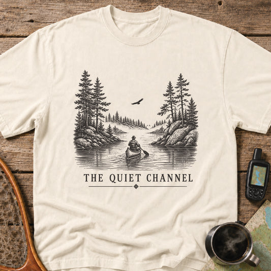 The Quiet Channel vintage canoe T-shirt with paddler, northern lake, granite shoreline and pine trees
