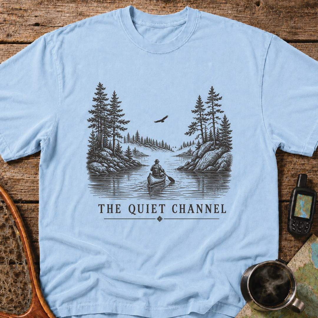 The Quiet Channel vintage canoe T-shirt with paddler, northern lake, granite shoreline and pine trees