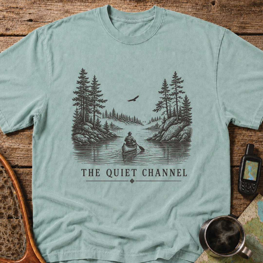 The Quiet Channel vintage canoe T-shirt with paddler, northern lake, granite shoreline and pine trees