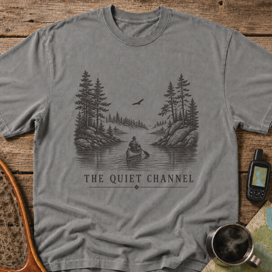 The Quiet Channel vintage canoe T-shirt with paddler, northern lake, granite shoreline and pine trees