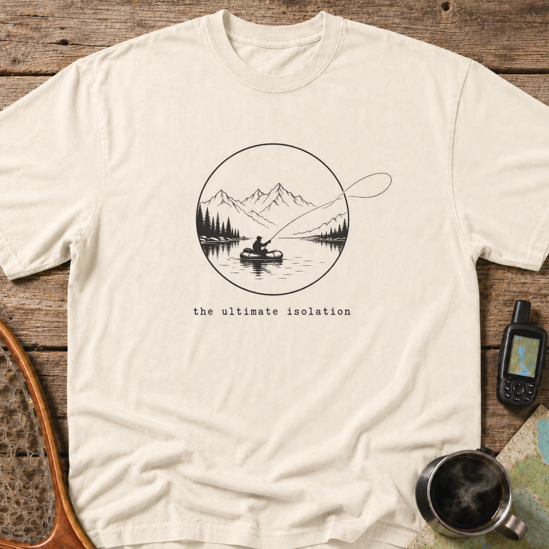 The Ultimate Isolation t-shirt featuring a lone angler casting from a packraft on a mountain lake.