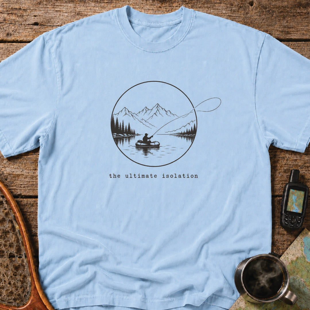 The Ultimate Isolation t-shirt featuring a lone angler casting from a packraft on a mountain lake.