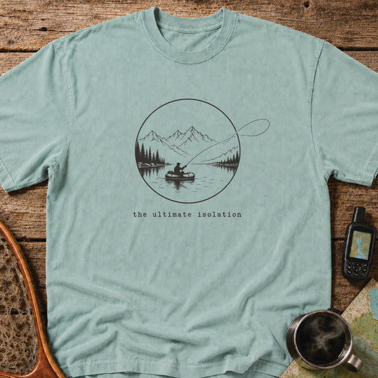 The Ultimate Isolation t-shirt featuring a lone angler casting from a packraft on a mountain lake.