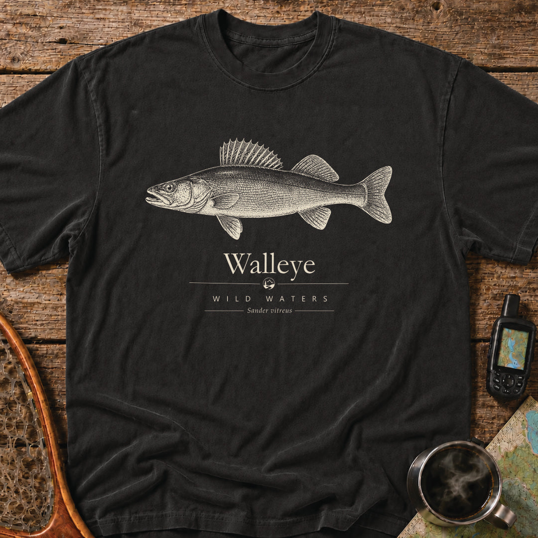Scientific-style walleye fishing t-shirt featuring Sander vitreus and Wild Waters outdoor heritage design.