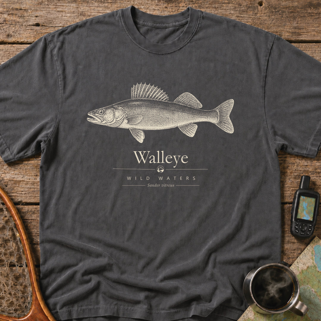 Scientific-style walleye fishing t-shirt featuring Sander vitreus and Wild Waters outdoor heritage design.