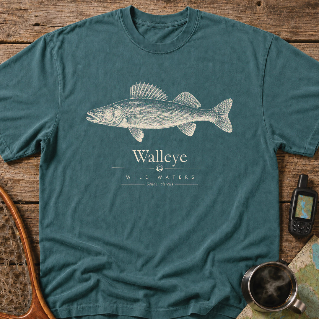 Scientific-style walleye fishing t-shirt featuring Sander vitreus and Wild Waters outdoor heritage design.