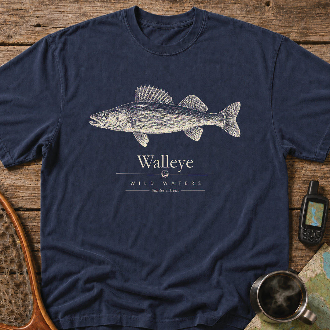 Scientific-style walleye fishing t-shirt featuring Sander vitreus and Wild Waters outdoor heritage design.