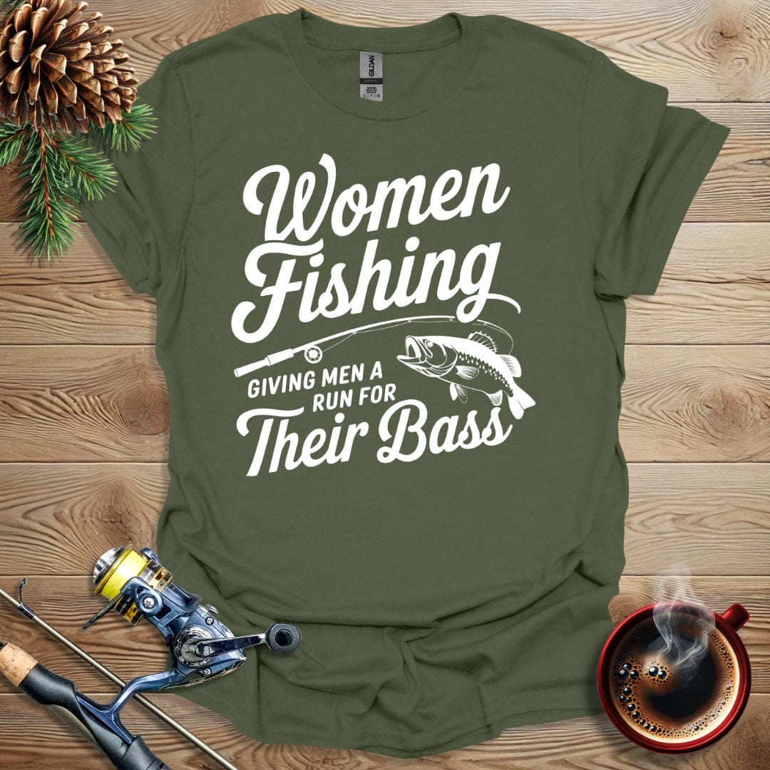 Printify T-Shirt Women Fishing  - Giving Men a Run for Their Bass T-Shirt