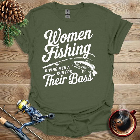 Printify T-Shirt Women Fishing  - Giving Men a Run for Their Bass T-Shirt